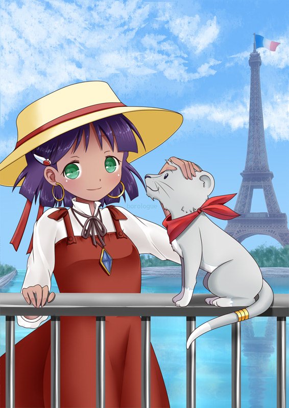 1girl bororo_(borologue) closed_mouth dark_skin dark-skinned_female dress earrings eiffel_tower fushigi_no_umi_no_nadia hair_ornament hairclip hat jewelry king_(nadia) lion looking_at_viewer nadia necklace purple_hair short_hair