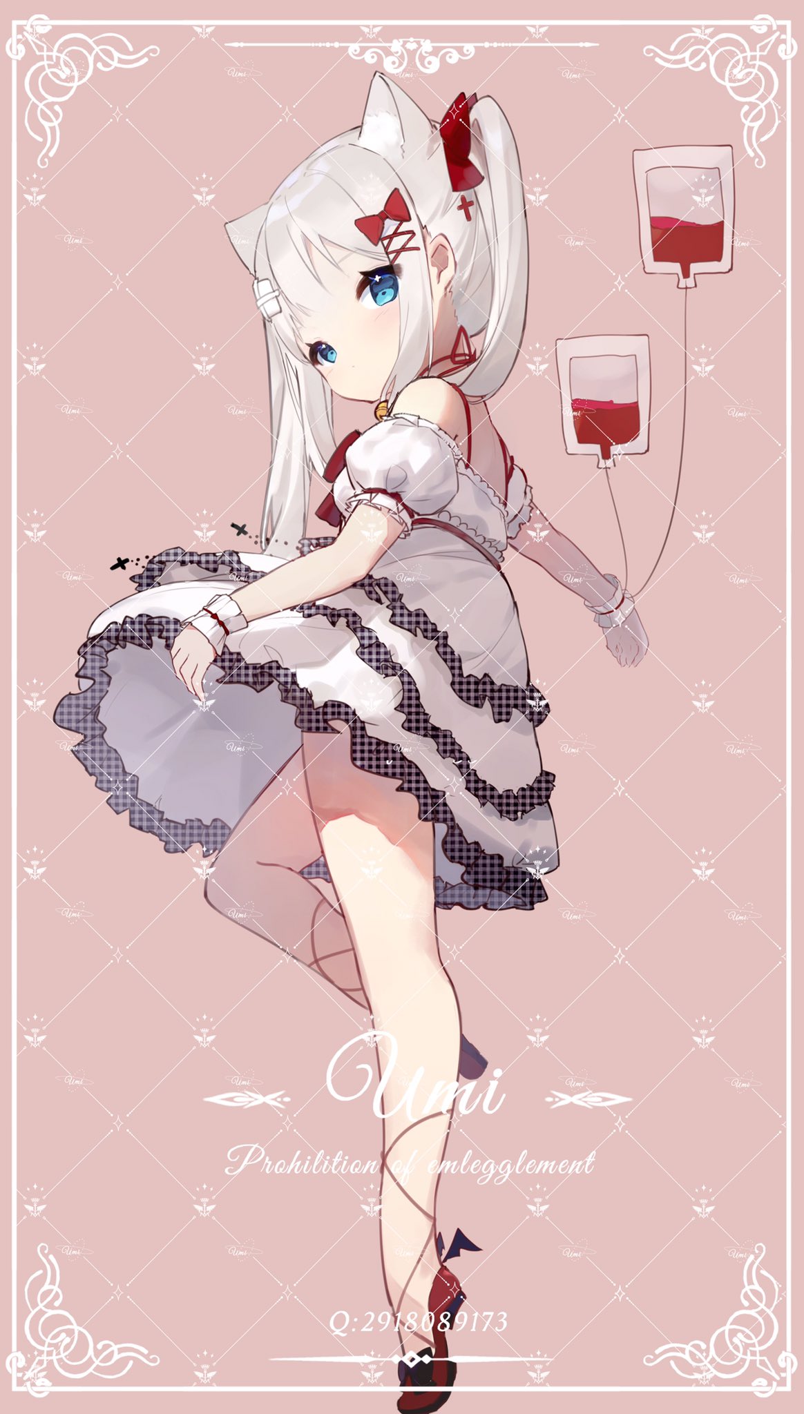 1girl animal_ear_fluff animal_ears artist_name bandaged_head bandages bare_legs blood blood_bag blue_eyes bow bra_strap cat_ears child cross_hair_ornament dress english_text engrish_text framed frilled_dress frills full_body hair_bow hair_ornament highres knee_up layered_dress long_hair looking_at_viewer looking_to_the_side no_mouth original pink_background puffy_short_sleeves puffy_sleeves ranguage red_bow short_sleeves simple_background skirt skirt_lift solo standing strapless strapless_dress twintails umi_(umikwi) white_dress white_hair wrist_cuffs xenoblade_chronicles_(series) xenoblade_chronicles_2