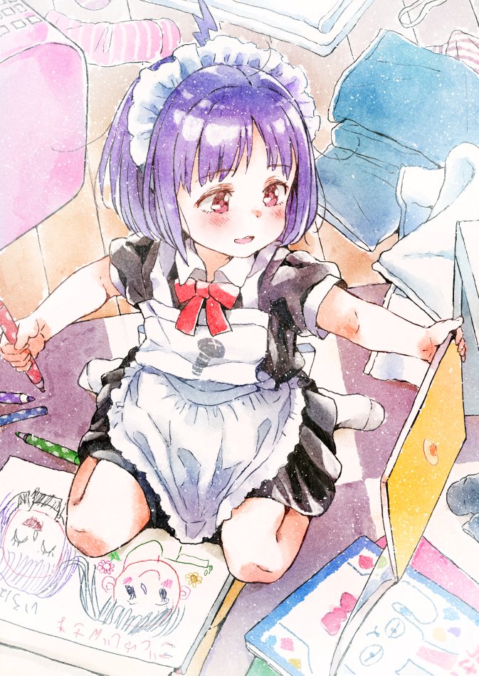 1girl ahoge apron bangs black_dress blush bow child child_drawing collared_dress commentary_request dress eyebrows_visible_through_hair gomennasai holding indoors maid maid_apron maid_headdress messy_room no_shoes original outstretched_arm puffy_short_sleeves puffy_sleeves purple_hair red_bow red_eyes short_sleeves sitting smile socks solo translation_request upper_teeth wariza white_legwear wooden_floor