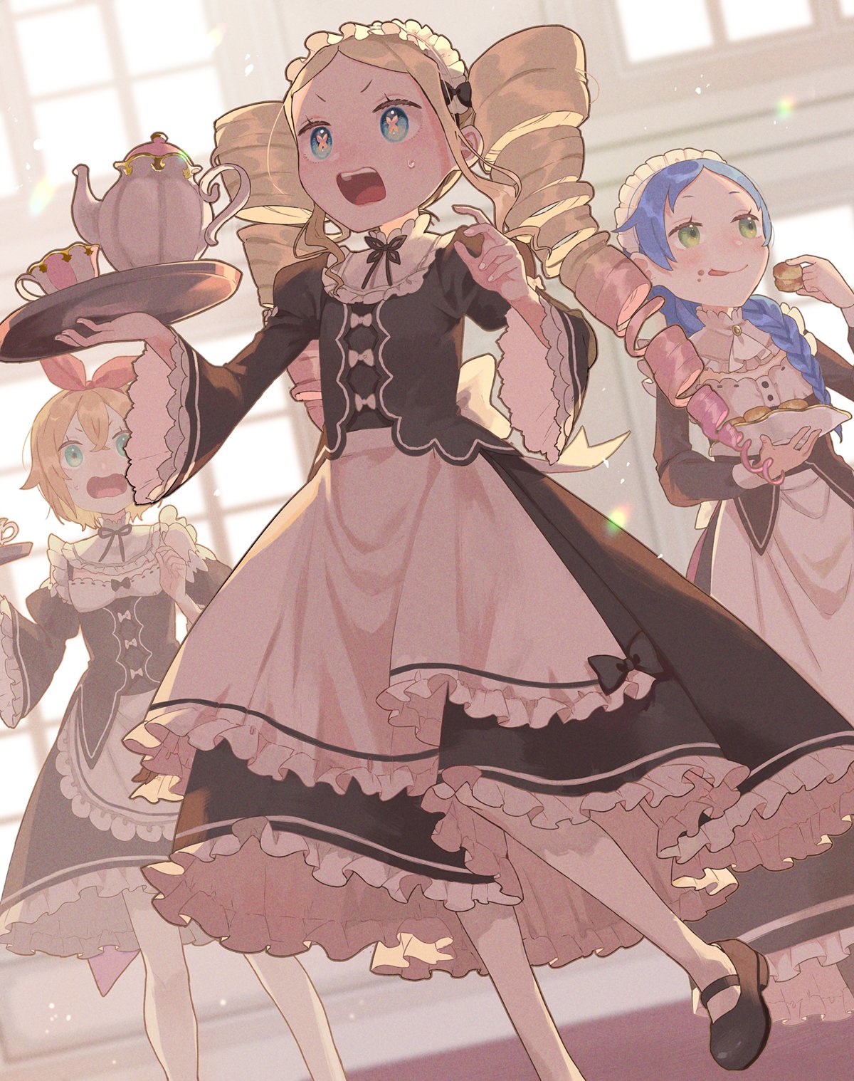 3girls apron bangs beatrice_(re:zero) blonde_hair blue_eyes blue_hair commentary_request cup dress drill_hair eating eyelashes food food_on_face frills from_below green_eyes highres holding long_hair long_sleeves maid maid_headdress meili_portroute multiple_girls open_mouth orange_hair pantyhose parupin petra_leyte re:zero_kara_hajimeru_isekai_seikatsu shoes sweatdrop teacup teapot tongue tray twin_drills twintails upper_teeth v-shaped_eyebrows waist_apron white_legwear