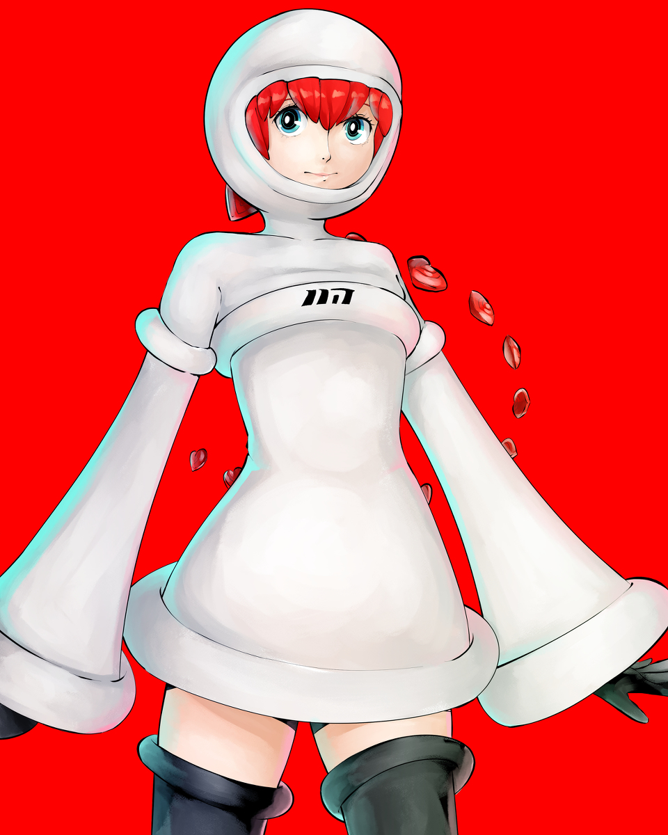 1girl android bangs black_footwear black_gloves black_shorts blue_eyes boots bright_pupils detached_hair gloves gokulkrishna hair_between_eyes hair_intakes heart highres hood hood_up hoodie long_sleeves outstretched_arms persona persona_5 persona_5_scramble:_the_phantom_strikers ponytail red_background redhead short_shorts shorts simple_background sophia_(p5s) thigh-highs thigh_boots white_hoodie white_pupils wide_sleeves