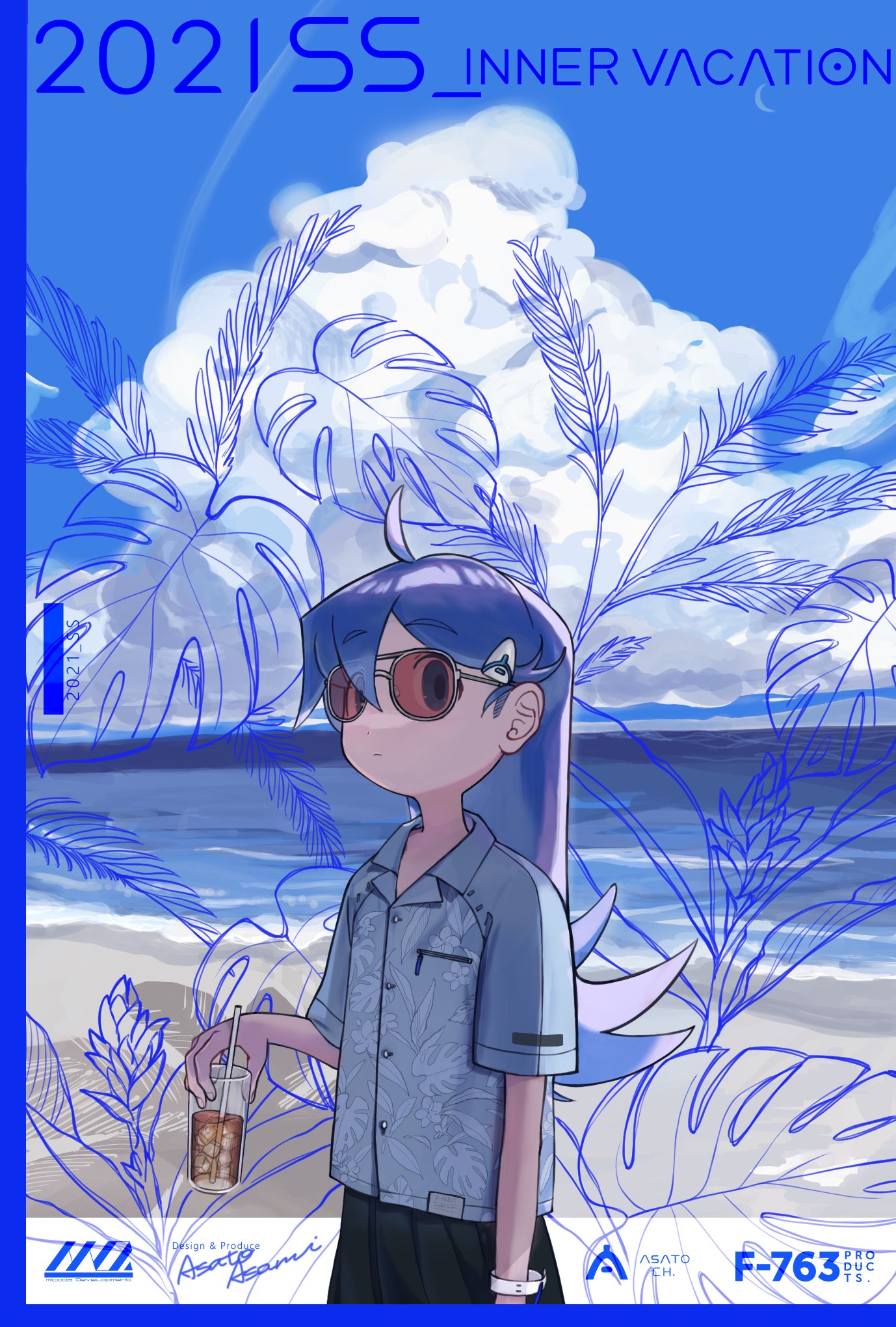 1girl asato_(pepopo1029) bangs beach black_skirt blue_eyes blue_hair blue_shirt closed_mouth clouds crescent_moon cup day drinking_straw eyebrows_visible_through_hair floral_print hair_between_eyes highres holding holding_cup ice ice_cube long_hair moon ocean original outdoors plant shirt short_sleeves signature skirt sky solo sunglasses