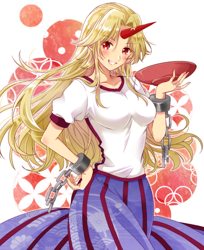 1girl bangs blonde_hair blue_skirt blush breasts broken broken_chain chain collarbone commentary cowboy_shot cuffs cup eyebrows_visible_through_hair floating_hair grin hand_on_hip handcuffs holding holding_cup horns hoshiguma_yuugi long_hair long_skirt looking_at_viewer medium_breasts okawa_friend oni_horns parted_bangs red_eyes sakazuki shippou_(pattern) shirt short_sleeves simple_background single_horn skirt smile solo striped teeth touhou vertical-striped_skirt vertical_stripes white_background white_shirt