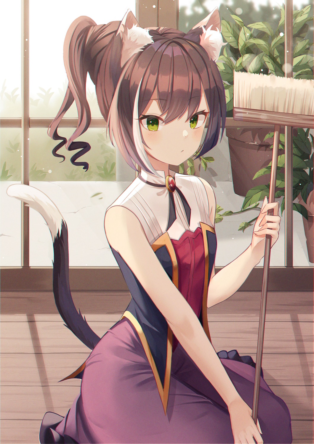 1girl animal_ears bangs black_hair black_ribbon brooch broom cat_ears cat_girl cat_tail closed_mouth commentary dress drill_hair eyebrows_visible_through_hair green_eyes hair_up high_collar highres holding holding_broom indoors jewelry karyl_(princess_connect!) kimi_(jxrm5387) kneeling light_frown long_dress long_hair looking_at_viewer multicolored_hair neck_ribbon ponytail princess_connect! princess_connect!_re:dive purple_dress ribbon streaked_hair sunlight tail white_hair window wooden_floor
