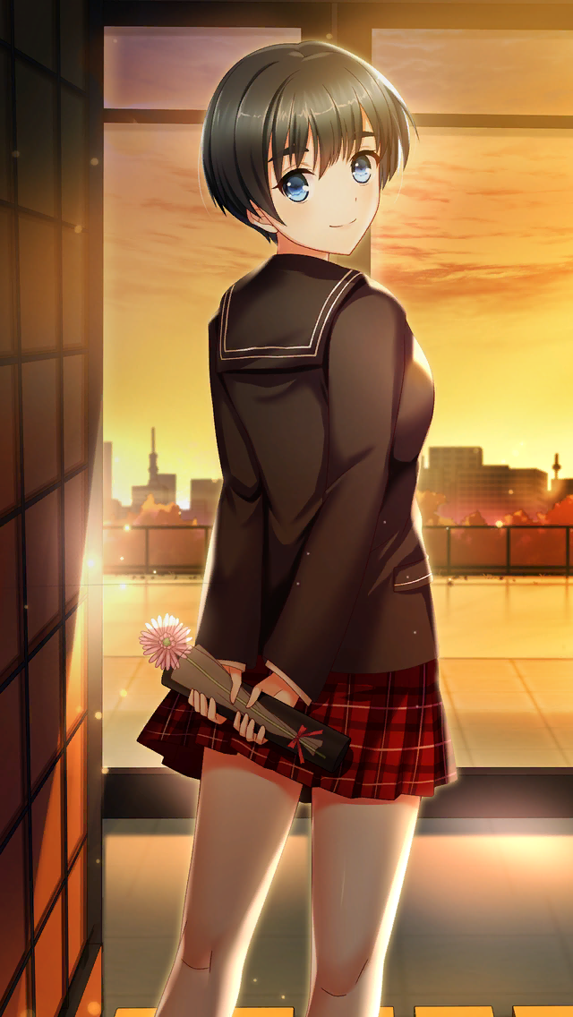 1girl arms_behind_back bangs black_hair black_jacket black_sailor_collar blue_eyes closed_mouth doukyuusei_2 doukyuusei_another_world dusk flower from_behind game_cg hair_between_eyes holding holding_flower jacket long_sleeves looking_at_viewer miniskirt official_art pink_flower plaid plaid_skirt pleated_skirt red_skirt sailor_collar school_uniform shinohara_izumi shiny shiny_hair short_hair skirt smile solo standing