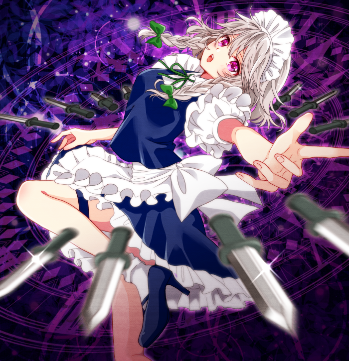 1girl apron blue_footwear blue_skirt blue_vest blurry blurry_foreground blush braid breasts commentary depth_of_field eyebrows_visible_through_hair foot_out_of_frame foreshortening frilled_skirt frills glint green_ribbon hair_between_eyes hair_ribbon high_heels izayoi_sakuya knife leg_up long_hair looking_at_viewer maid_apron maid_headdress medium_breasts neck_ribbon okawa_friend open_mouth outstretched_arm puffy_short_sleeves puffy_sleeves ribbon shirt short_sleeves side_braids silver_hair skirt socks solo thigh_strap touhou tress_ribbon twin_braids vest violet_eyes white_legwear white_shirt