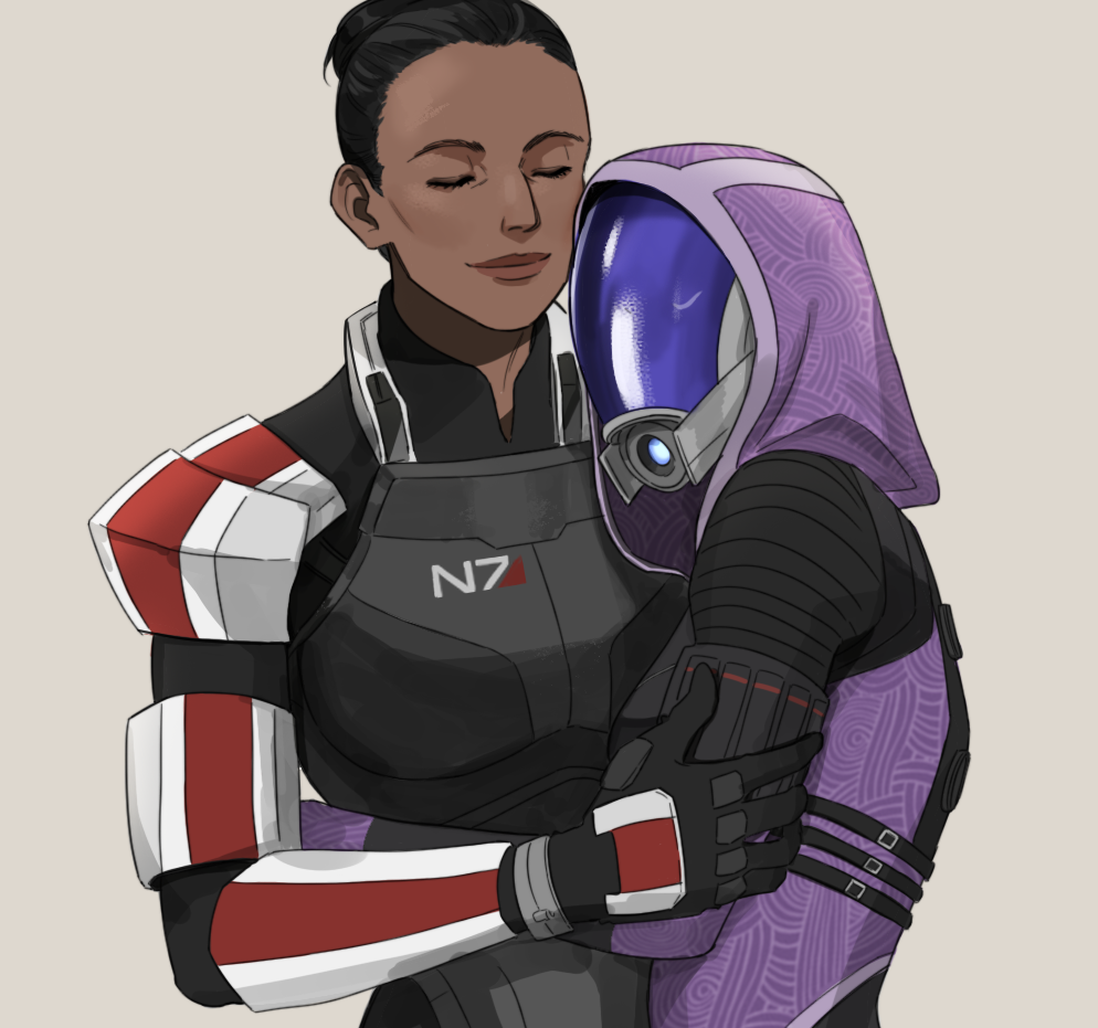 2girls alien armor black_hair closed_eyes commander_shepard_(female) dark_skin dark-skinned_female hair_bun helmet hood hood_up hug mask mass_effect multiple_girls quarian simple_background smile tali'zorah upper_body visor yuri