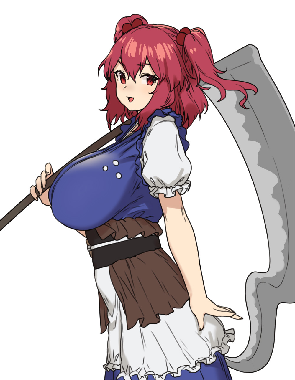 1girl :d bangs breasts eyebrows_visible_through_hair from_side hair_between_eyes hair_bobbles hair_ornament highres houtengeki huge_breasts looking_at_viewer medium_hair onozuka_komachi open_mouth over_shoulder puffy_short_sleeves puffy_sleeves red_eyes redhead scythe short_sleeves simple_background smile solo touhou twintails weapon weapon_over_shoulder white_background