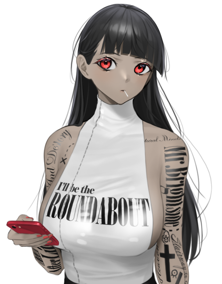 1girl arm_tattoo bangs black_hair blunt_bangs breasts cross_tattoo holding holding_phone iris_(norunollu) large_breasts long_hair norunollu original phone print_shirt red_eyes shirt simple_background sleeveless sleeveless_shirt solo tattoo upper_body white_background