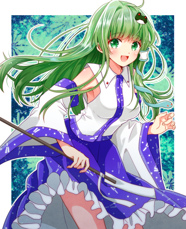 1girl :d armpits asymmetrical_hair blue_skirt blush breasts collared_shirt commentary cowboy_shot detached_sleeves eyebrows_visible_through_hair floating_hair frilled_skirt frills frog_hair_ornament gohei green_eyes green_hair hair_ornament hair_tubes holding kochiya_sanae long_hair looking_at_viewer medium_breasts okawa_friend open_mouth outline shirt sidelocks skirt smile snake_hair_ornament solo touhou white_shirt wide_sleeves wing_collar