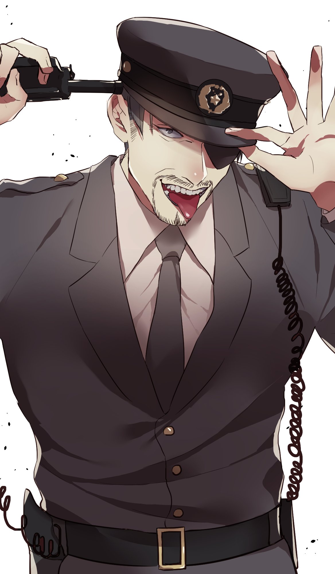 1boy adjusting_clothes adjusting_headwear black_eyepatch black_hair black_neckwear eyepatch facial_hair goatee hat highres looking_at_viewer majima_gorou male_focus mature_male necktie one-eyed police police_hat police_uniform radio radio_antenna ryuu_ga_gotoku ryuu_ga_gotoku_1 samuraisamurai tongue tongue_out uniform