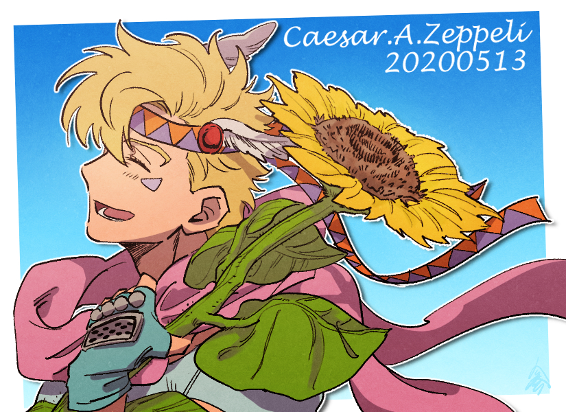1boy battle_tendency birthday blonde_hair blue_gloves caesar_anthonio_zeppeli carota327 character_name closed_eyes commentary_request dated facial_mark feathers fingerless_gloves flower from_side gloves hair_feathers happy headband holding holding_flower jojo_no_kimyou_na_bouken male_focus open_mouth outline pink_scarf profile scarf short_hair sideways_mouth smile solo sunflower symbol_commentary triangle_print white_outline yellow_flower