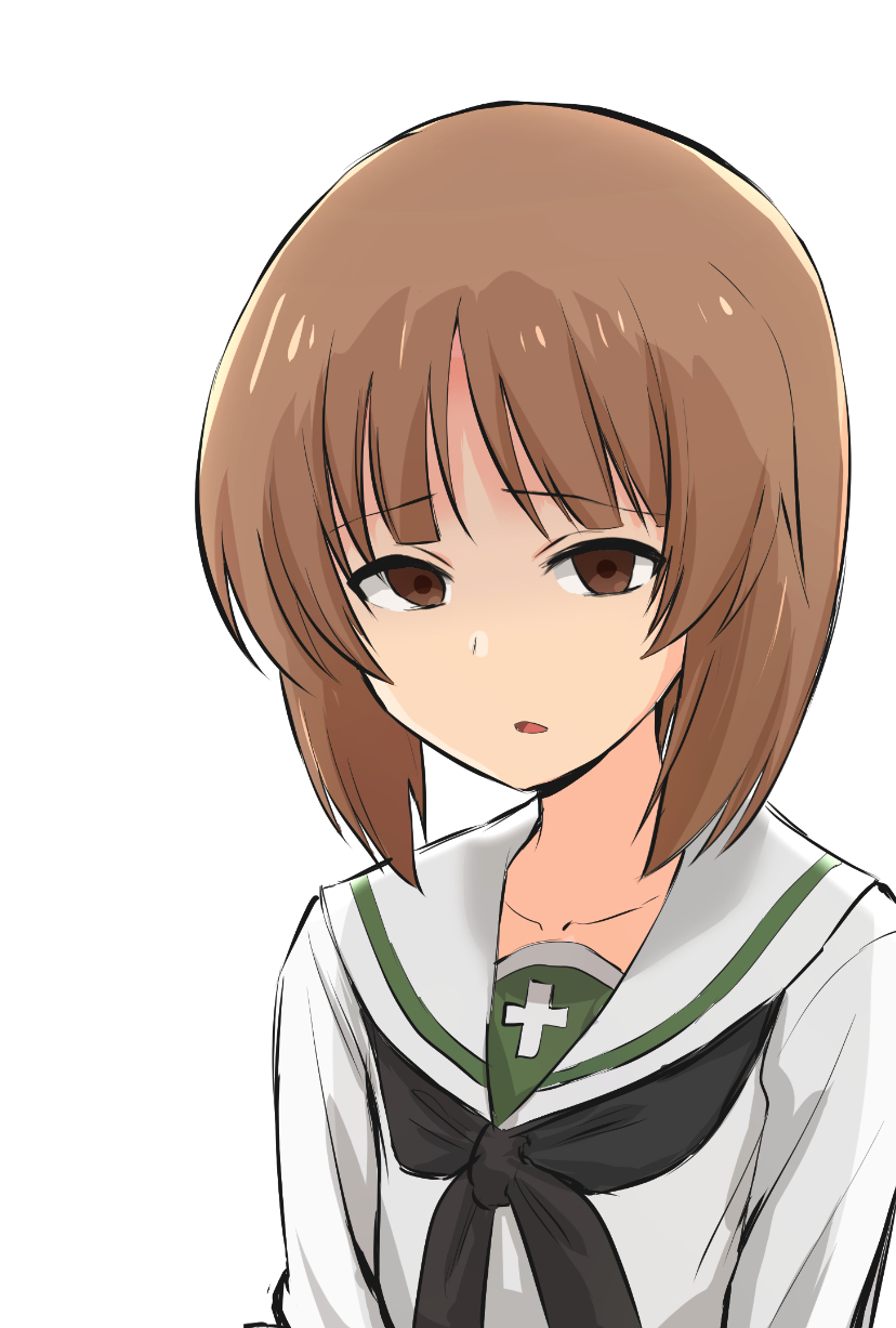 1girl bangs black_neckwear blouse brown_eyes brown_hair commentary eyebrows_visible_through_hair frown girls_und_panzer half-closed_eyes highres long_sleeves looking_at_viewer nasunael neckerchief nishizumi_miho ooarai_school_uniform open_mouth sailor_collar school_uniform serafuku short_hair simple_background solo upper_body white_background white_blouse white_sailor_collar