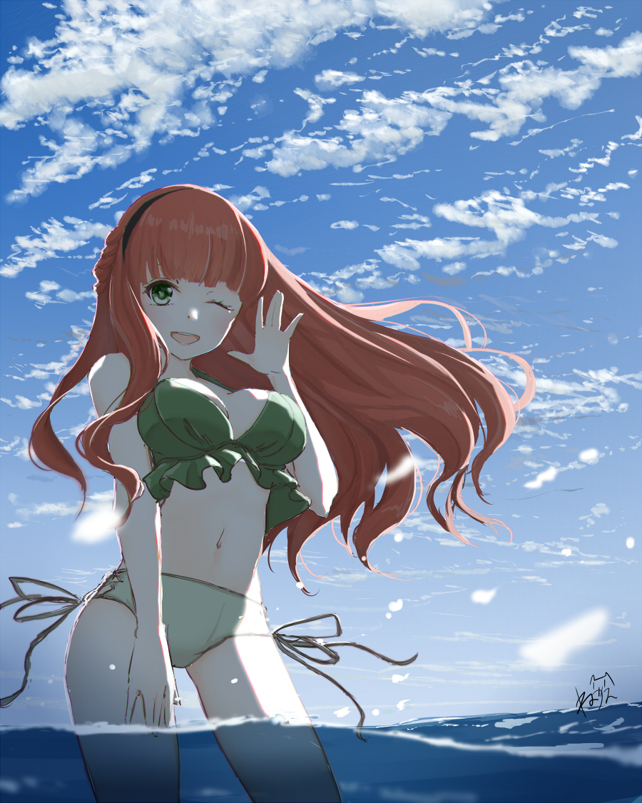 1girl ;d arm_up bangs bare_arms bare_shoulders bikini blue_sky blunt_bangs blush braid breasts clouds day de_ruyter_(kancolle) eyebrows_visible_through_hair green_bikini green_eyes hairband kantai_collection large_breasts long_hair looking_at_viewer navel neve ocean one_eye_closed open_mouth outdoors redhead side-tie_bikini signature sky smile solo standing swimsuit wading water