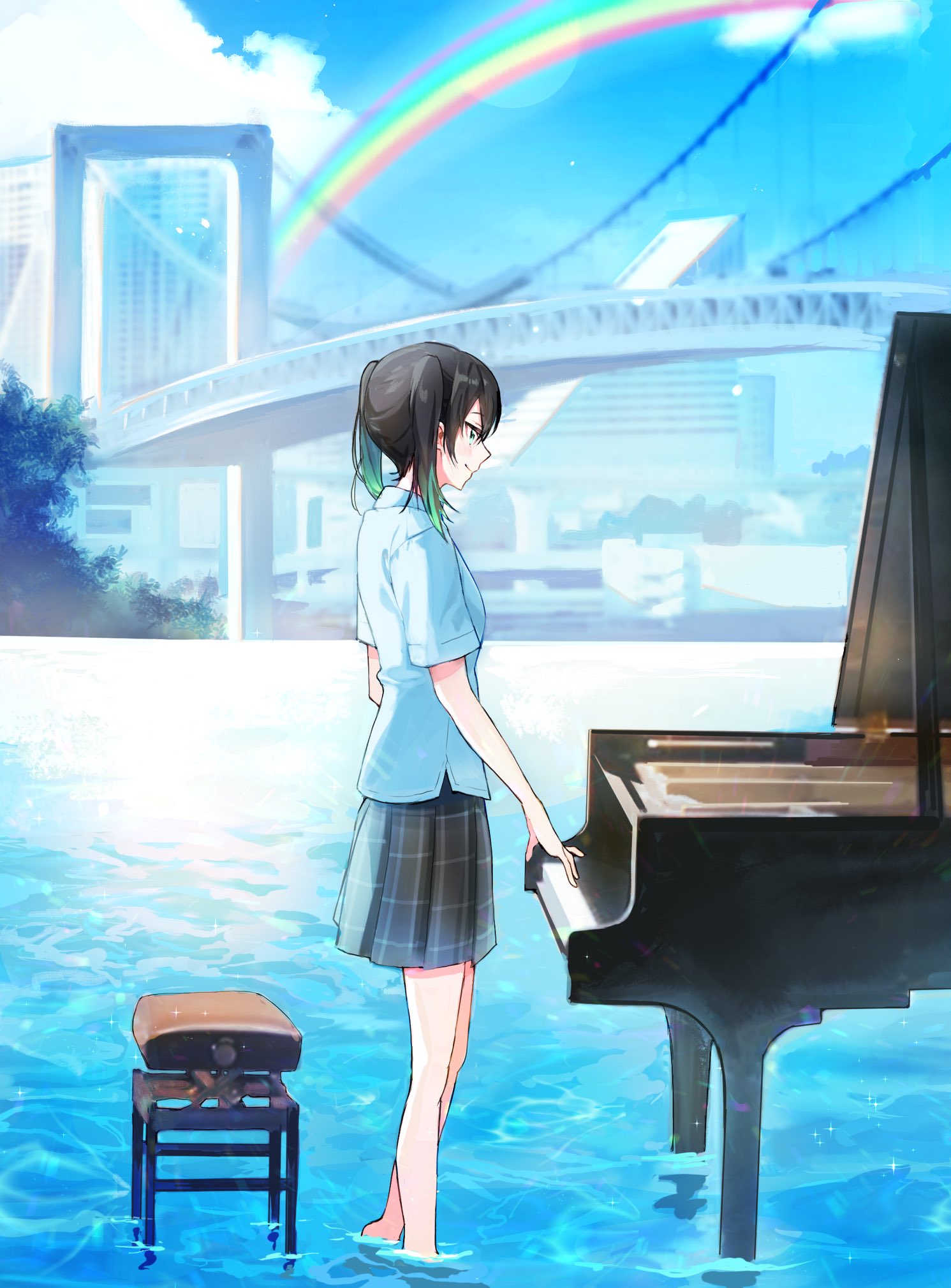 1girl aqua_eyes bare_legs black_hair closed_mouth from_side gradient_hair grey_skirt highres instrument love_live! love_live!_nijigasaki_high_school_idol_club multicolored_hair naarann nijigasaki_academy_uniform piano piano_bench plaid plaid_skirt pleated_skirt shirt short_sleeves skirt smile solo takasaki_yuu twintails water white_shirt