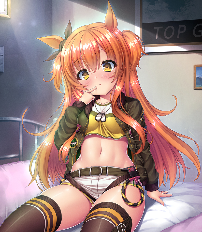 1girl animal_ears bangs bed blush breasts brown_ribbon collarbone crop_top dog_tags ear_ribbon eyebrows_visible_through_hair eyes_visible_through_hair green_belt green_jacket hair_between_eyes horse_ears horse_girl horse_tail indoors jacket long_hair long_sleeves looking_at_viewer mayano_top_gun_(umamusume) medium_breasts navel on_bed open_clothes open_jacket open_mouth orange_hair ribbon shirt short_shorts shorts sitting solo tail takeponi thigh-highs twintails two_side_up umamusume white_shorts yellow_eyes yellow_shirt