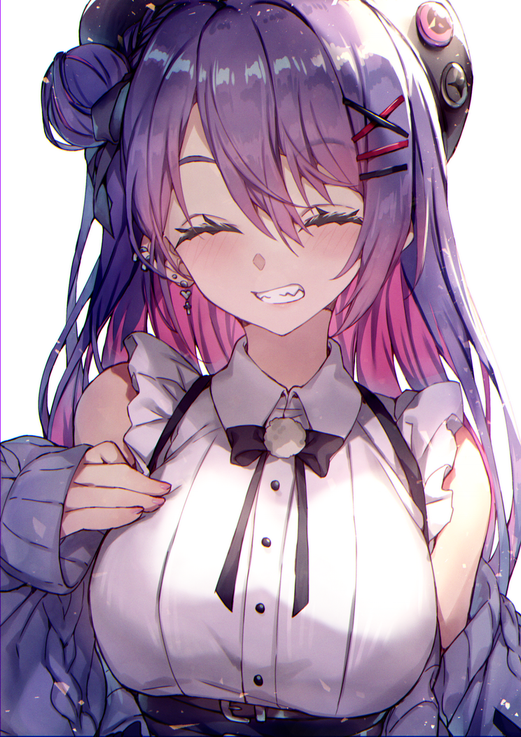 1girl ^_^ black_headwear black_neckwear black_ribbon breasts clenched_teeth closed_eyes eyebrows_visible_through_hair fingernails hair_between_eyes hair_bun hair_ornament hat hololive large_breasts long_hair purple_hair redcomet ribbon simple_background smile solo teeth tokoyami_towa upper_body virtual_youtuber white_background x_hair_ornament