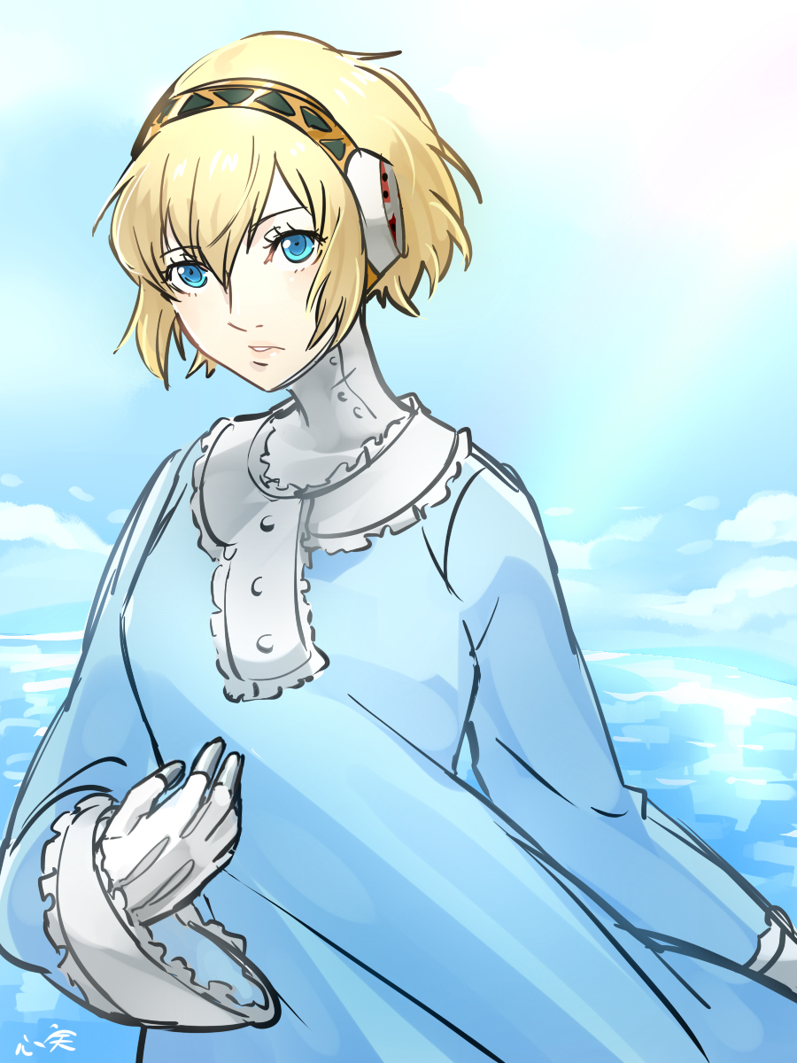 1girl aegis_(persona) android arm_up atlus bangs blonde_hair blue_dress blue_sky clouds cloudy_sky collar collared_dress dress frilled_collar frilled_dress frilled_sleeves frills hair_between_eyes hair_intakes hand_up highres kokomi_(aniesuakkaman) long_sleeves megami_tensei ocean open_mouth parted_lips persona persona_3 robot_girl sega shiny shiny_hair short_hair signature simple_background sky solo_focus summer_dress sunlight teeth white_collar wide_sleeves
