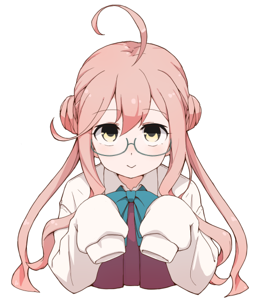 1girl :&gt; ahoge aki_inu bangs blue_neckwear cropped_torso double_bun dress eyebrows_visible_through_hair glasses kantai_collection long_hair low_twintails makigumo_(kancolle) purple_dress shirt sidelocks simple_background sleeves_past_fingers sleeves_past_wrists smile solo twintails white_background white_shirt yellow_eyes