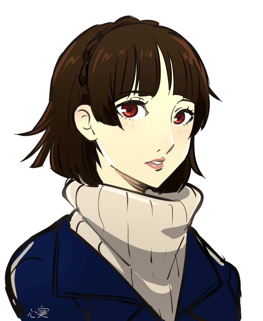 1girl bangs blue_coat blunt_bangs blush braided_hairband brown_hair coat eyebrows_visible_through_hair hairband kokomi_(aniesuakkaman) niijima_makoto open_mouth parted_lips persona persona_5 persona_5_the_royal red_eyes short_hair signature simple_background solo sweater teeth turtleneck turtleneck_sweater white_background white_sweater