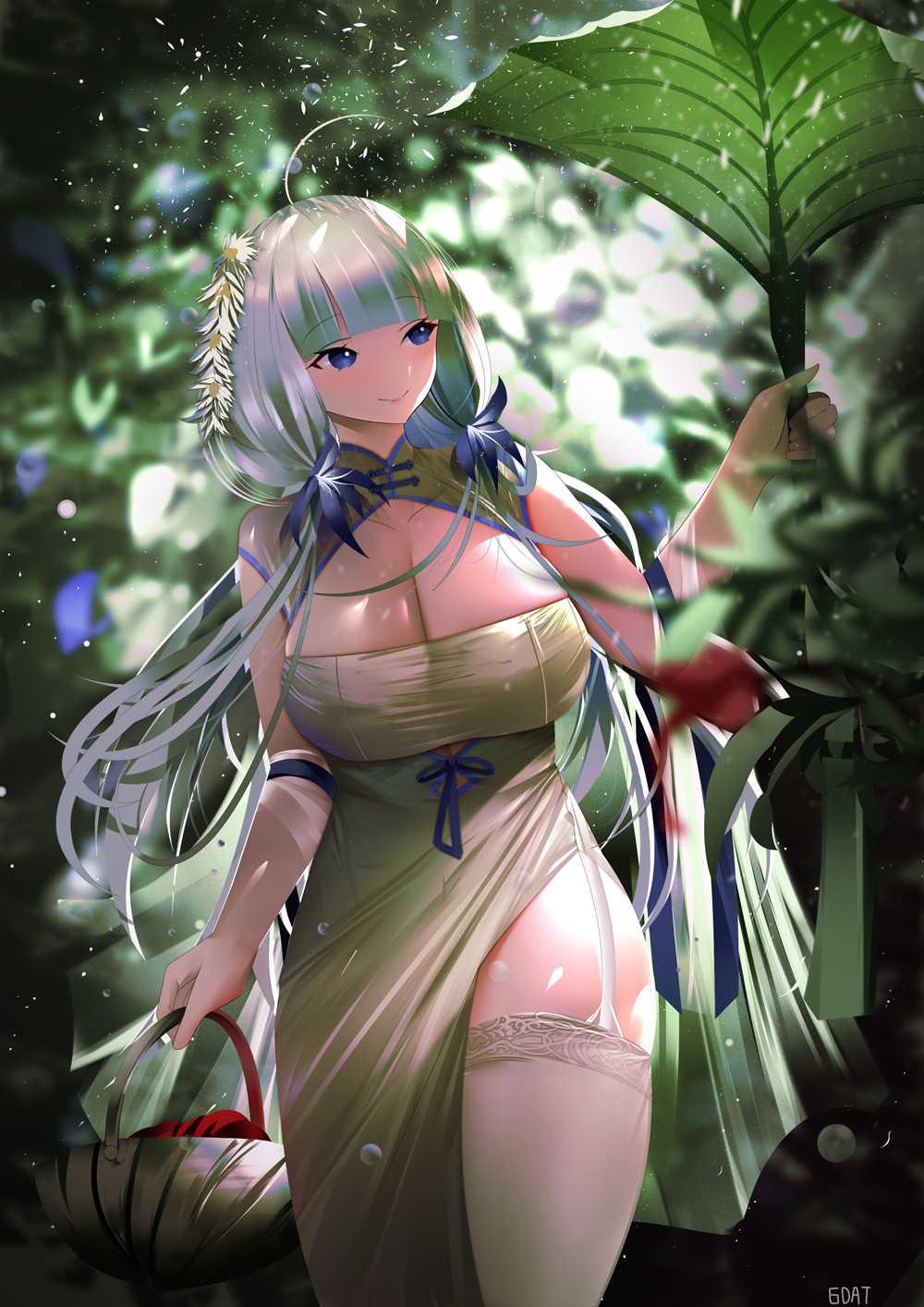 1girl azur_lane basket blue_eyes breasts bursting_breasts china_dress chinese_clothes dress eyebrows_visible_through_hair garter_straps gdat highres holding holding_basket huge_breasts illustrious_(azur_lane) illustrious_(maiden_lily's_radiance)_(azur_lane) long_hair official_alternate_costume short_sleeves solo tri_tails very_long_hair white_dress white_hair white_legwear