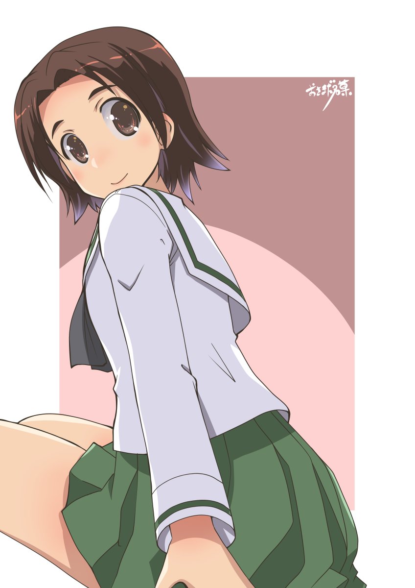 1girl artist_name bangs black_neckwear blouse border brown_eyes brown_hair closed_mouth commentary_request from_side girls_und_panzer green_skirt highres long_sleeves looking_at_viewer looking_back miniskirt neckerchief ooarai_school_uniform osamada_meika outside_border parted_bangs partial_commentary pink_background pleated_skirt sailor_collar sawa_azusa school_uniform serafuku short_hair signature sitting skirt smile solo white_blouse white_border white_sailor_collar