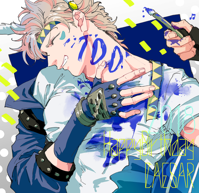 1boy 2018 battle_tendency beamed_eighth_notes birthday blonde_hair blue_gloves blue_jacket caesar_anthonio_zeppeli character_name closed_eyes commentary facial_mark feathers fingerless_gloves gloves grin hair_feathers happy_birthday headband holding holding_paintbrush jacket jojo_no_kimyou_na_bouken joseph_joestar_(young) koeri male_focus musical_note out_of_frame paint paint_on_clothes paint_stains paintbrush shirt short_hair smile solo_focus symbol_commentary triangle_print white_shirt