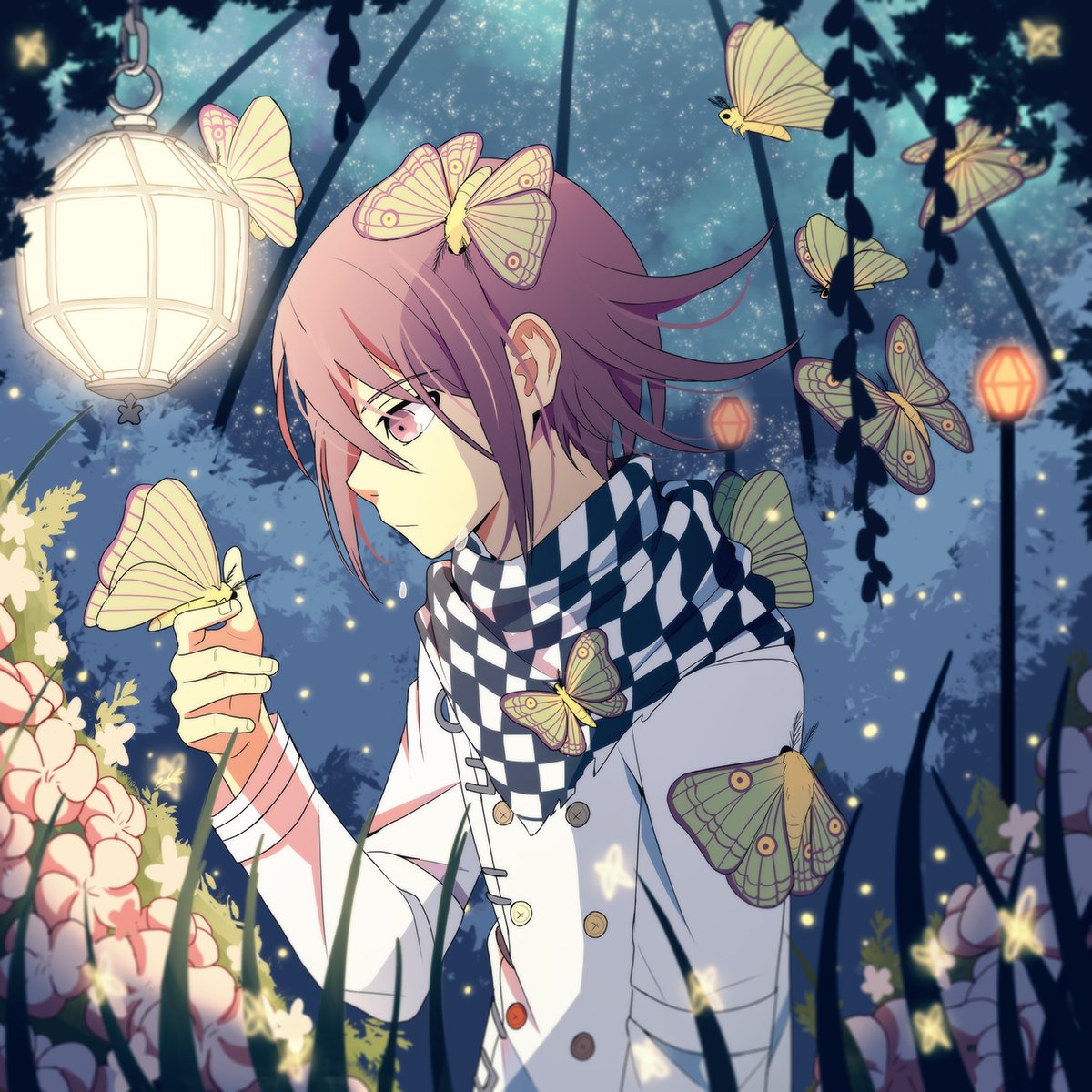 1boy bangs bug butterfly butterfly_on_finger buttons checkered checkered_scarf cheer_(cheerkitty14) dangan_ronpa_(series) dangan_ronpa_v3:_killing_harmony double-breasted english_commentary flower hair_between_eyes hand_up highres insect jacket lamp long_sleeves looking_at_animal male_focus night ouma_kokichi pink_eyes pink_flower profile purple_hair scarf short_hair solo violet_eyes white_jacket