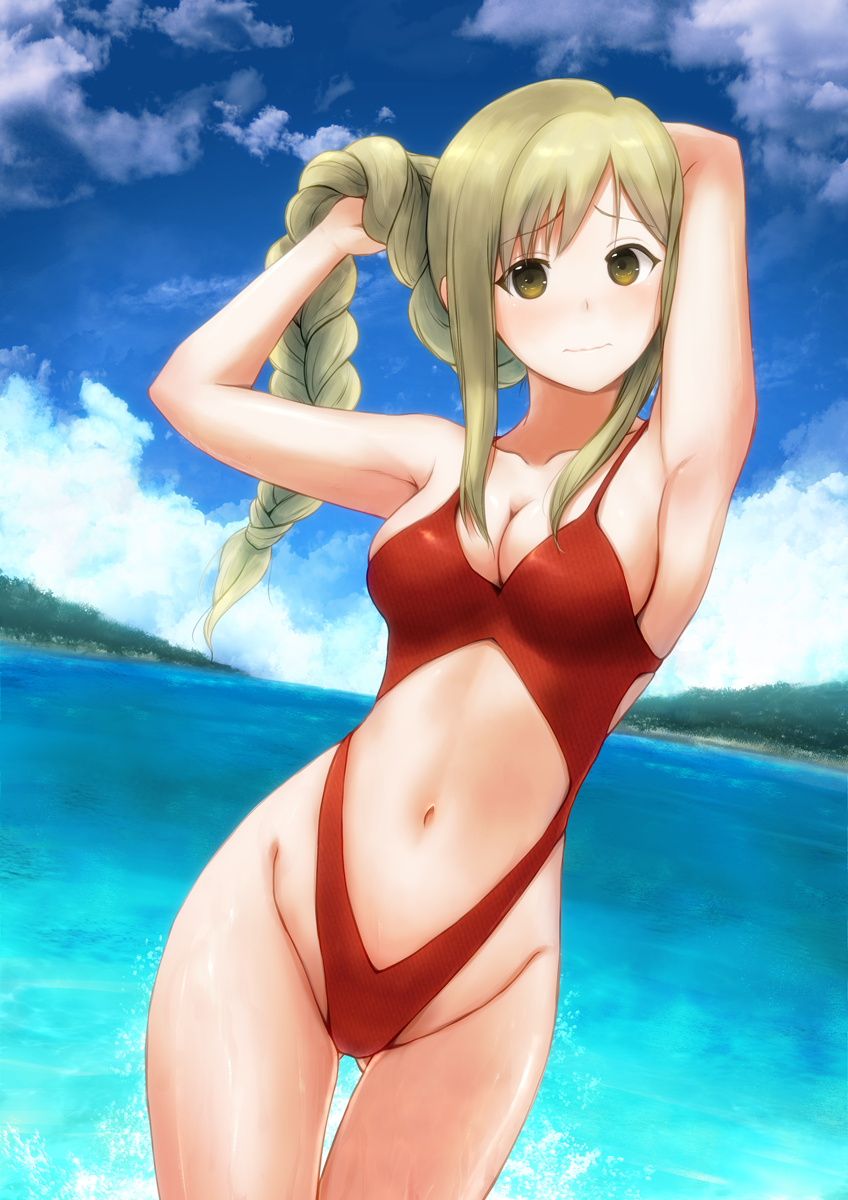1girl ass_visible_through_thighs beach blonde_hair blue_sky braid breasts brown_eyes center_opening clouds commentary_request cowboy_shot day dragon_quest dragon_quest_iii highleg highleg_swimsuit highres horizon long_hair looking_at_viewer lost_july medium_breasts ocean outdoors red_eyes red_swimsuit revealing_swimsuit_(dq) school_girl_strikers single_braid sky solo swimsuit water yaginuma_io