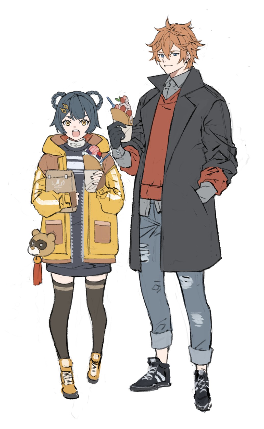 1boy 1girl alternate_costume bag bangs black_footwear black_gloves black_legwear black_nails blue_eyes blue_hair closed_mouth coat crepe denim food genshin_impact gloves hair_between_eyes hair_ornament hair_rings hairclip hand_in_pocket highres holding holding_food jeans nail_polish open_mouth orange_hair pants papajay_(jennygin2) paper_bag shoes simple_background sneakers standing tartaglia_(genshin_impact) thigh-highs white_background xiangling_(genshin_impact) yellow_eyes yellow_footwear