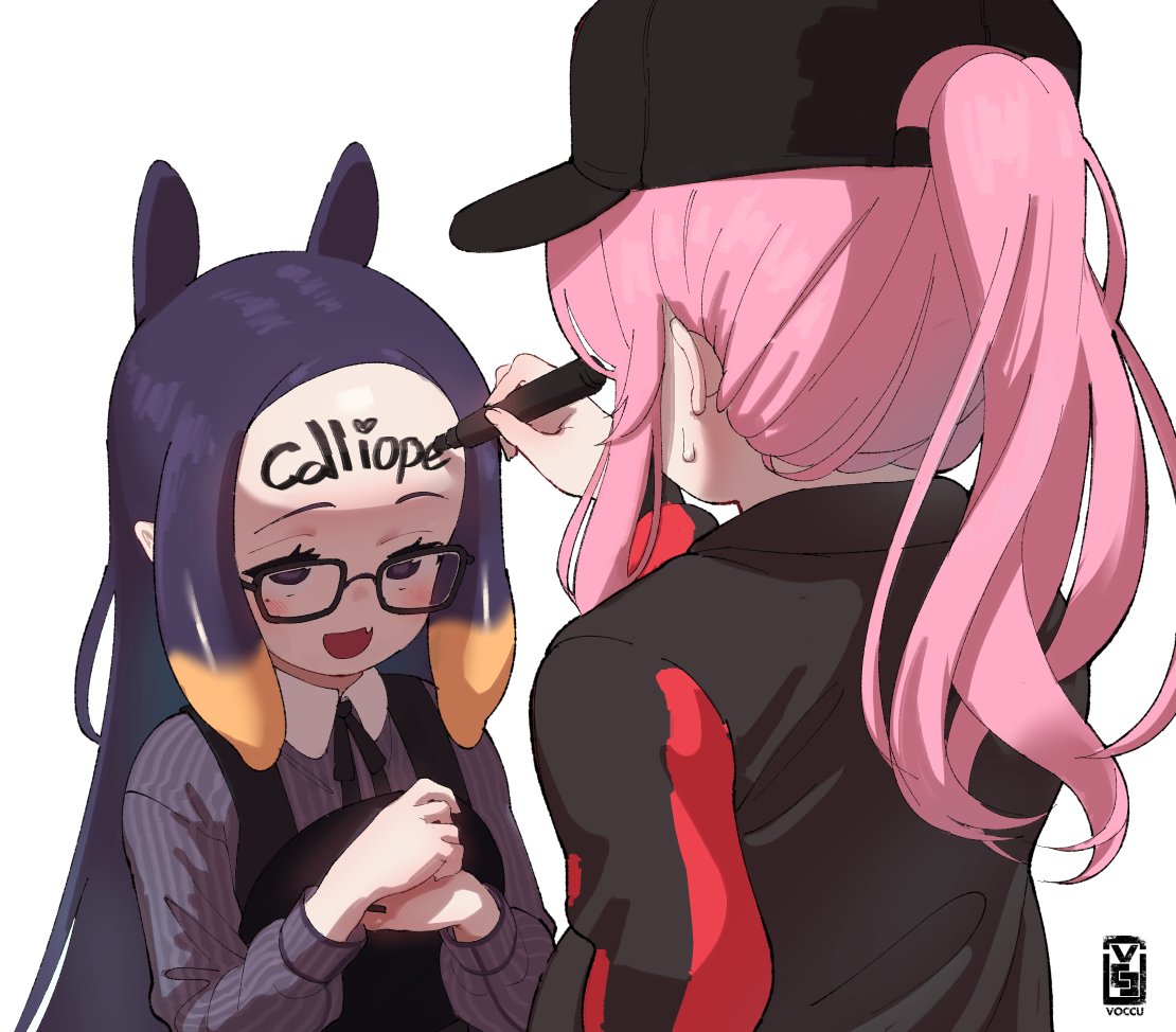 2girls black-framed_eyewear black_dress black_headwear black_jacket body_writing commentary dress english_commentary glasses hat holding hololive hololive_english jacket long_hair mori_calliope multiple_girls ninomae_ina'nis open_mouth pink_hair ponytail purple_hair simple_background smile striped sweatdrop upper_body vertical-striped_dress vertical_stripes violet_eyes virtual_youtuber voc white_background