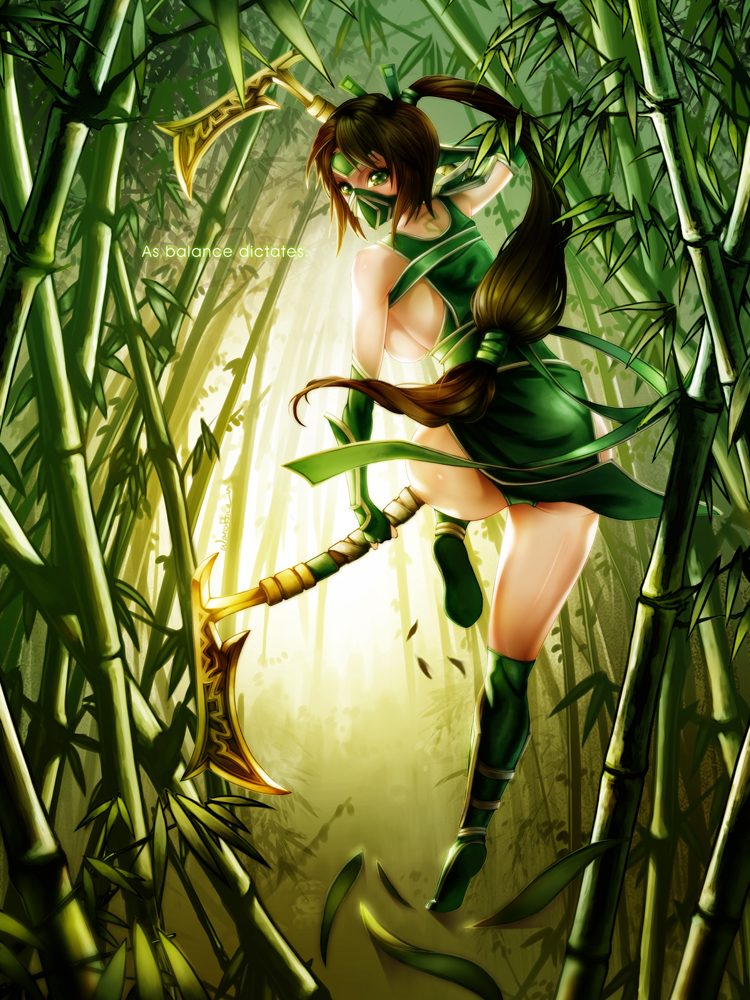 akali armor ass back bamboo bamboo_forest boots breasts brown_hair dress dual_wielding forehead_protector forest gloves greaves green_dress green_eyes hair_tie holding holding_weapon kama_(weapon) long_hair mask mouth_mask nature ninja ponytail scythe shoulder_armor sickle sideboob very_long_hair waterring weapon