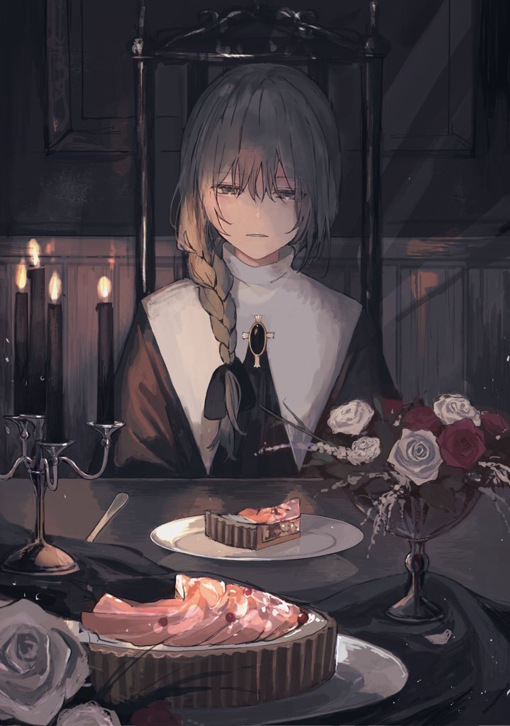 1boy bow braid brown_eyes brown_hair candle candlestand candy chair commentary_request flower food habit hair_bow indoors long_hair male_focus original partial_commentary plate red_flower red_rose rose side_braid sinaco sitting solo sweets tart_(food) utensil white_flower white_rose