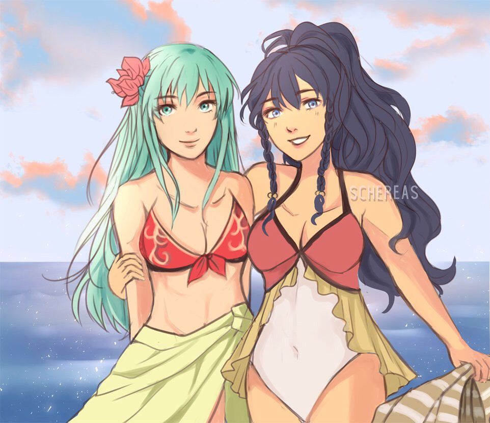 2girls aqua_eyes aqua_hair beach bikini bikini_top blue_eyes blue_hair cute eirika eirika_(fire_emblem) fire_emblem fire_emblem:_seima_no_kouseki fire_emblem:_the_sacred_stones fire_emblem_8 fire_emblem_heroes flower flower_hair_ornament flower_on_head hair_ornament hibiscus intelligent_systems lips long_hair navel nintendo ocean one-piece_swimsuit ponytail red_bikini red_bikini_top schereas smile summer swimsuit tana_(fire_emblem) towel