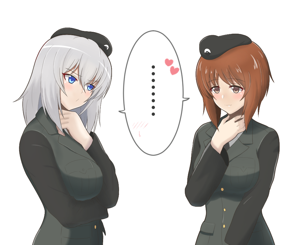 ... 2girls bangs beret black_headwear black_jacket black_neckwear blue_eyes blush brown_eyes brown_hair closed_mouth commentary_request dress_shirt emblem eyebrows_visible_through_hair frown girls_und_panzer hand_on_own_throat hat heart iteza_(flapper_girl_25) itsumi_erika jacket japanese_tankery_league_(emblem) long_sleeves looking_at_another medium_hair military military_hat military_uniform multiple_girls necktie nishizumi_miho partial_commentary selection_university_military_uniform shirt short_hair silver_hair smile spoken_blush spoken_ellipsis spoken_heart standing uniform white_background white_shirt yuri