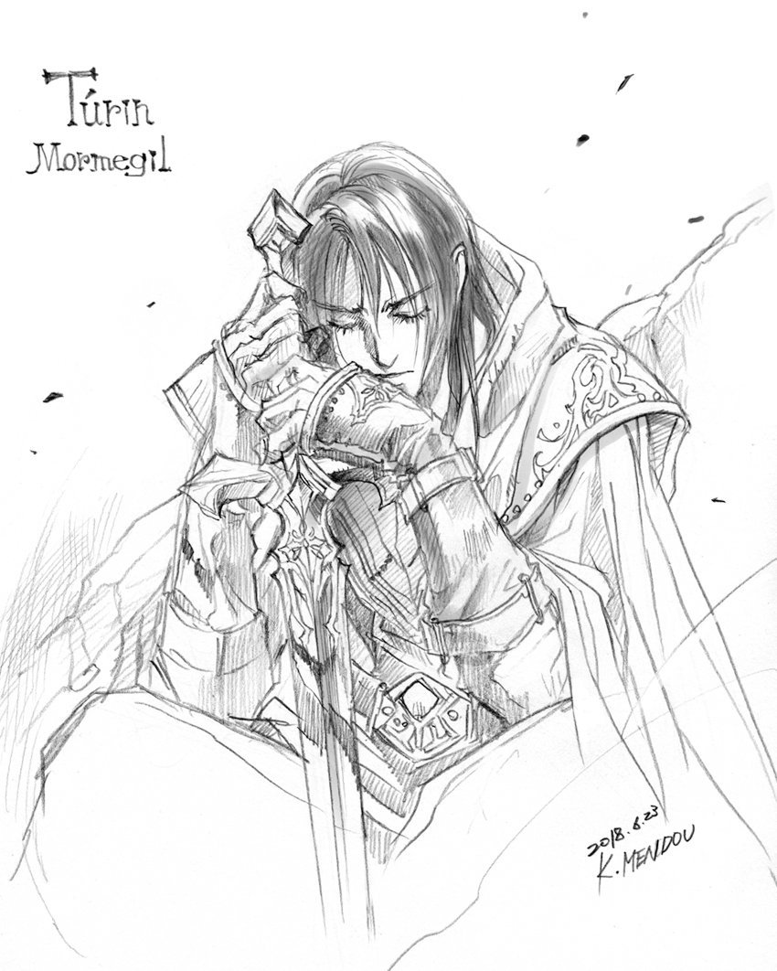 1boy armor breastplate cape character_name closed_eyes closed_mouth dated greyscale hands_up holding holding_sword holding_weapon kazuki-mendou male_focus monochrome pauldrons shoulder_armor signature silmarillion sitting solo sword turin weapon