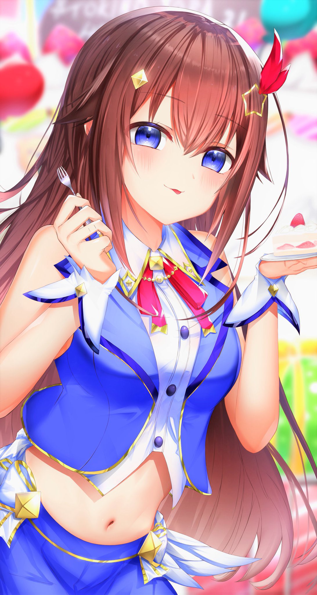 1girl bangs bare_shoulders blue_eyes blue_hair blue_skirt blue_vest blush brown_hair cake cake_slice collared_shirt commentary_request cropped_vest dress_shirt eyebrows_visible_through_hair food fork hat_ornament highres holding holding_fork holding_plate hololive leotard long_hair looking_at_viewer midriff navel open_clothes open_vest plate shirt skirt sleeveless sleeveless_shirt solo sorataka0930 star_(symbol) star_hat_ornament strapless strapless_leotard tokino_sora vest virtual_youtuber wing_collar wrist_cuffs