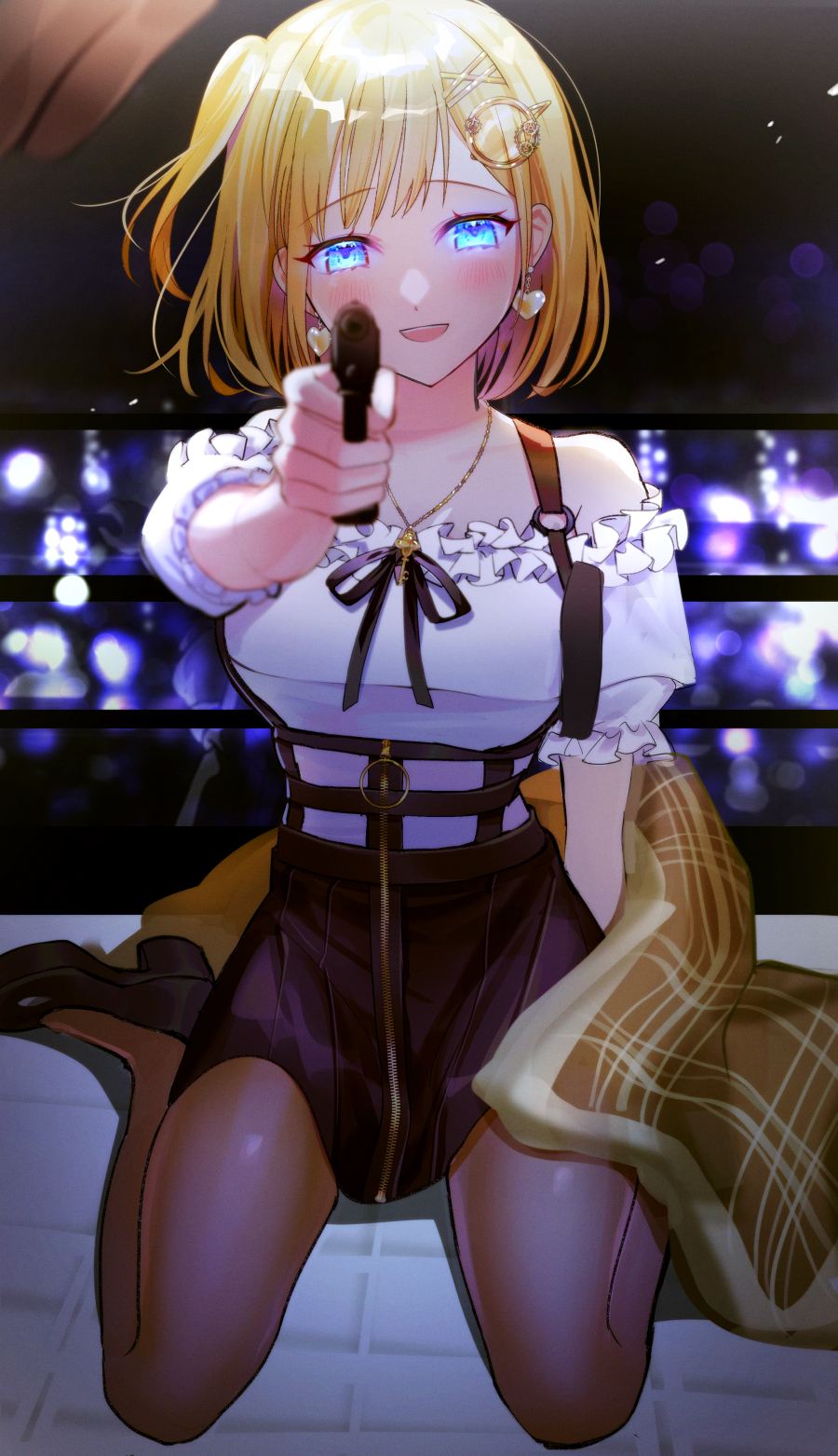 1girl :d bangs bare_shoulders blonde_hair blue_eyes blurry blush breasts dega1028 depth_of_field earrings eyebrows_visible_through_hair finger_on_trigger glowing glowing_eyes gun hair_ornament handgun heart heart_earrings high_heels highres holding holding_gun holding_weapon hololive hololive_english holster jewelry key looking_at_viewer medium_breasts monocle_hair_ornament necklace one_side_up open_mouth pantyhose pistol pointing_weapon pov shirt shoes short_hair skirt smile solo virtual_youtuber watson_amelia weapon white_shirt zipper