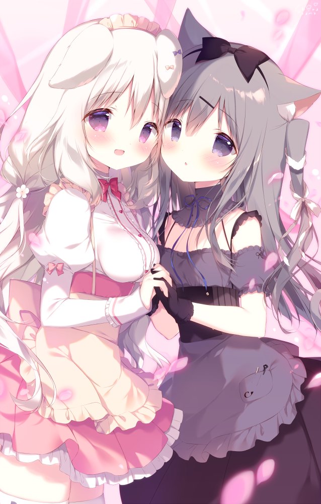 2girls :d :o animal_ears apron bangs black_bow black_skirt blush bow breasts brown_apron cat_ears commentary_request detached_sleeves dog_ears eyebrows_visible_through_hair frilled_apron frilled_skirt frills grey_apron grey_hair grey_shirt grey_sleeves hair_between_eyes hair_bow hair_ornament hairclip juliet_sleeves long_hair long_sleeves maid_headdress medium_breasts multiple_girls one_side_up open_mouth original parted_lips pink_skirt pleated_skirt puffy_short_sleeves puffy_sleeves shiratama_(shiratamaco) shirt short_sleeves skirt smile very_long_hair violet_eyes waist_apron white_hair white_shirt