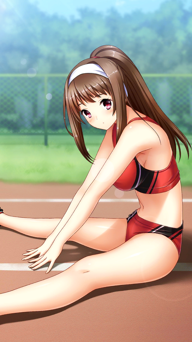 1girl between_legs blurry blurry_background bra breasts brown_hair buruma day doukyuusei_another_world game_cg hand_between_legs headband high_ponytail kakyuusei large_breasts leaning_forward long_hair midriff navel official_art outdoors red_bra red_buruma shiny shiny_hair sideboob sidelocks sitting solo sports_bra stomach track_and_field underwear very_long_hair white_headband yuuki_mizuho