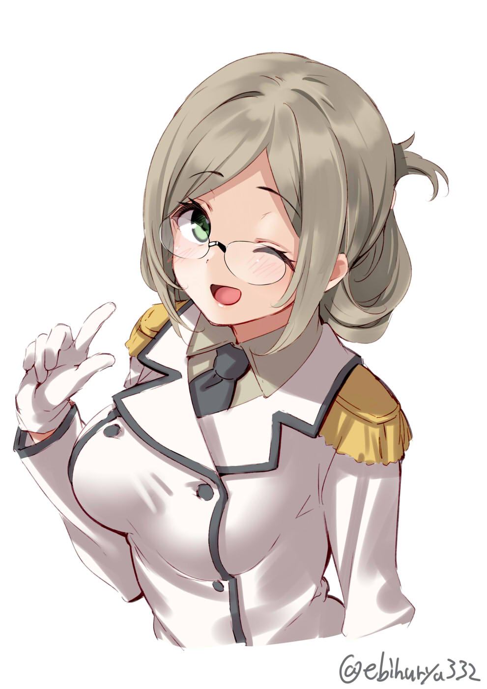 1girl black_neckwear blush breasts brown_hair brown_shirt buttons collared_shirt double-breasted ebifurya epaulettes eyebrows_visible_through_hair folded_ponytail glasses gloves green_eyes hair_between_eyes highres imperial_japanese_navy jacket kantai_collection katori_(kancolle) light_brown_hair long_hair looking_at_viewer medium_breasts military military_uniform necktie one_eye_closed open_mouth semi-rimless_eyewear shirt simple_background smile solo twitter_username under-rim_eyewear uniform upper_body white_background white_gloves