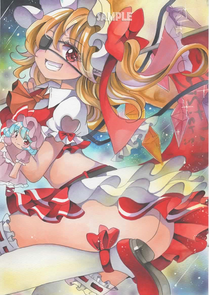 1girl ass blonde_hair bow breasts character_doll commentary_request convenient_leg crop_top crystal eyepatch flandre_scarlet foot_out_of_frame grin hat long_hair maccha_xxxxxx marker_(medium) medium_breasts midriff mob_cap one_side_up orange_neckwear puffy_short_sleeves puffy_sleeves red_bow red_skirt red_vest remilia_scarlet sample short_sleeves skirt smile solo star_(sky) thigh-highs touhou traditional_media upskirt vest white_legwear wings