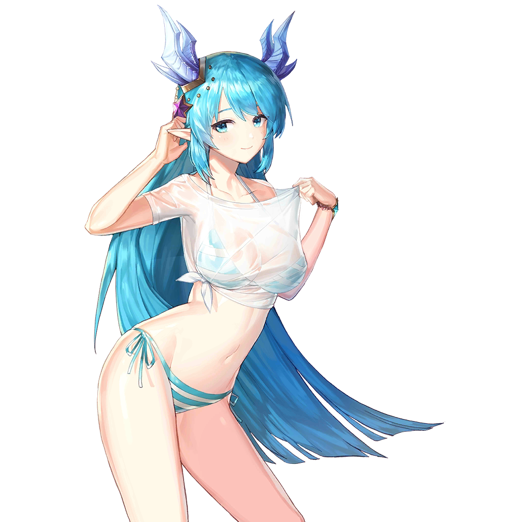1girl arm_up armpits bikini blue_bikini blue_eyes blue_hair breasts closed_mouth clothes_pull collarbone contrapposto cowboy_shot crop_top dragon_horns hair_ornament halter_top halterneck horns king's_raid laias_(king's_raid) large_breasts long_hair looking_at_viewer navel no_pants official_art pointy_ears see-through shirt shirt_pull short_sleeves side-tie_bikini side-tie_shirt sidelocks smile solo standing stomach string_bikini striped striped_bikini swimsuit thighs transparent_background very_long_hair wet wet_clothes wet_shirt white_shirt