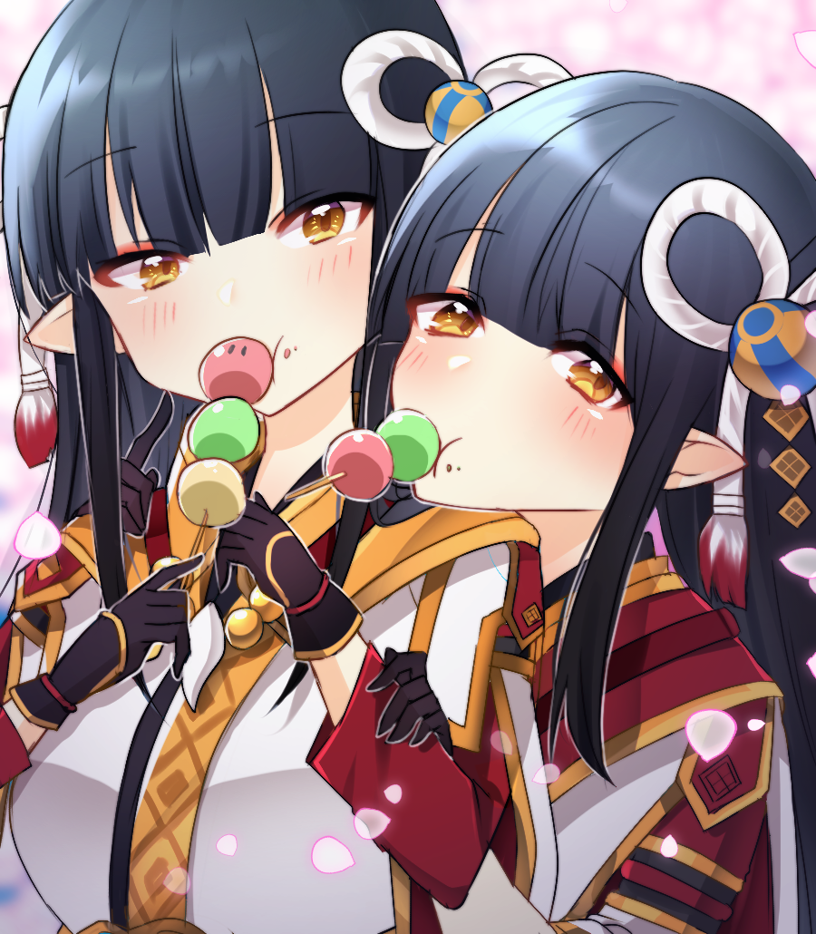 2girls bangs black_hair blush chihaya_(pixiv41117997) hinoa japanese_clothes kimono long_hair minoto monster_hunter monster_hunter_(series) monster_hunter_rise pointy_ears siblings twins