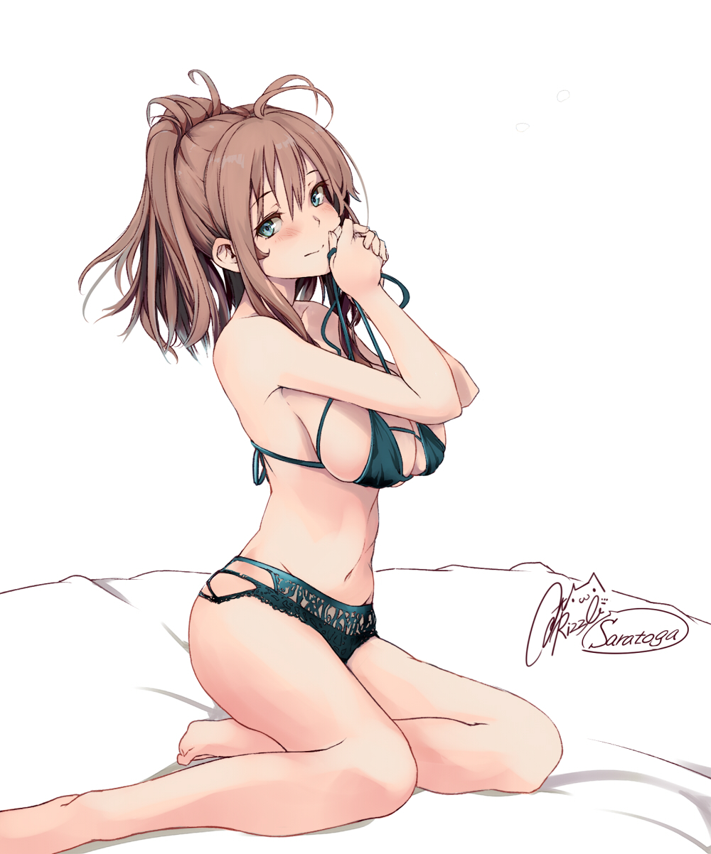 1girl blue_eyes blush bra breasts brown_hair character_name collarbone eyebrows_visible_through_hair green_bra green_panties hair_between_eyes highres kantai_collection large_breasts long_hair navel panties rizzl saratoga_(kancolle) side_ponytail signature simple_background solo twintails underwear white_background