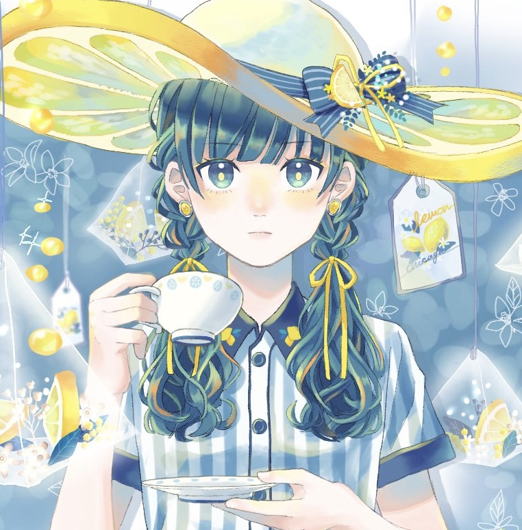 1girl bangs blue_background blue_bow blue_eyes blue_hair bow braid cup earrings food fruit hat hat_bow hat_ornament jewelry lemon lemon_slice looking_at_viewer original saucer shirt short_sleeves striped striped_shirt teabag teacup twin_braids upper_body white_headwear yellow_pupils yuzor_a_rancia