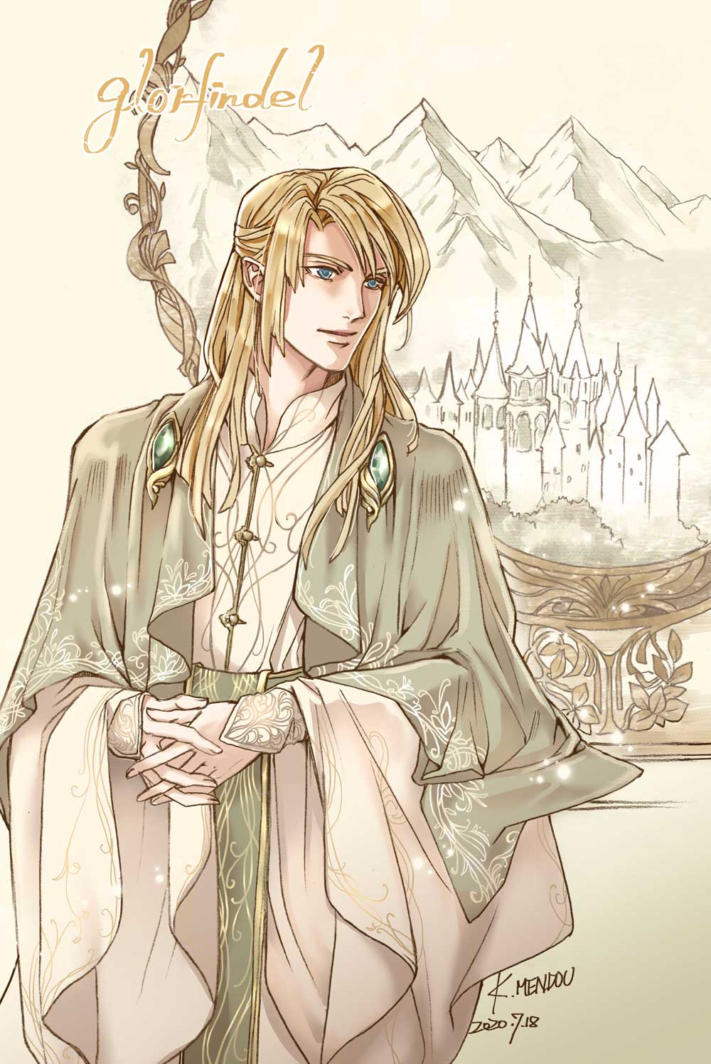 1boy blonde_hair blue_eyes brooch character_name dated glorfindel highres interlocked_fingers jewelry kazuki-mendou long_hair long_sleeves lord_of_the_rings male_focus mountain own_hands_together robe signature smile solo standing wide_sleeves