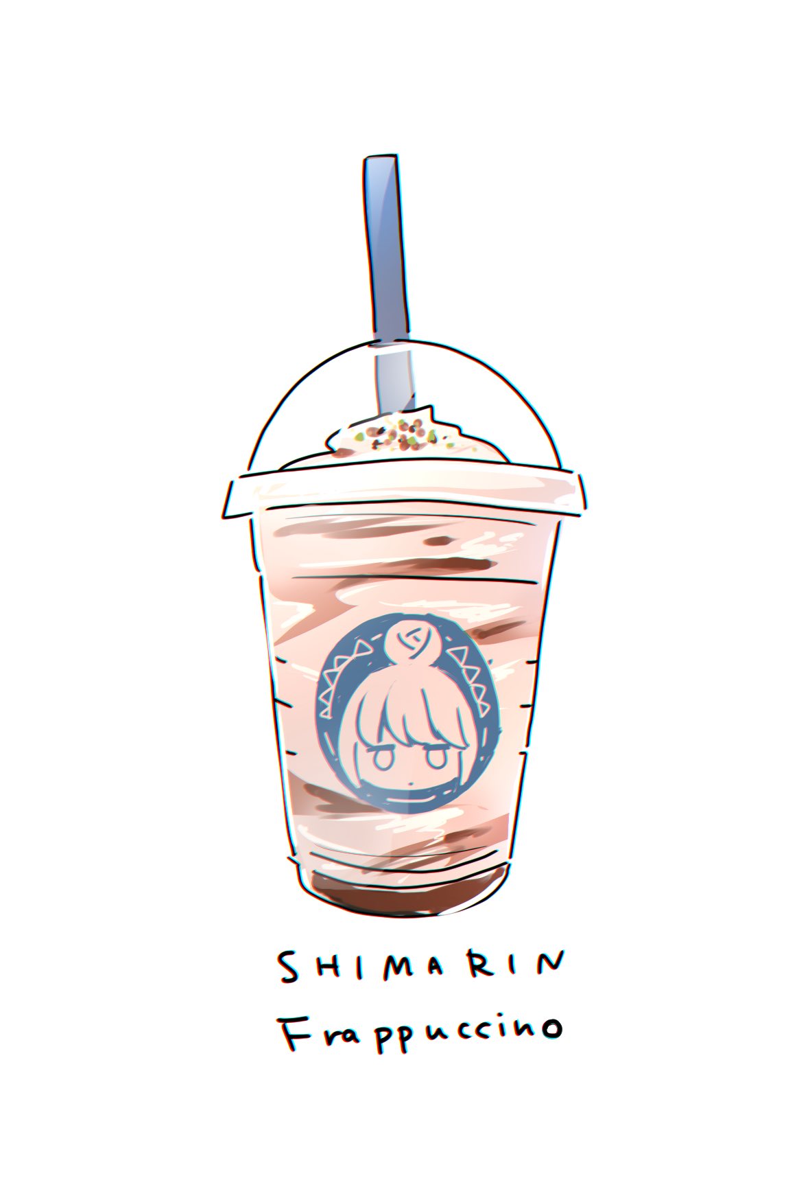 bangs character_name closed_eyes coffee coffee_cup commentary_request cream cup disposable_cup drinking_straw english_text food food_focus frappuccino hair_bun highres looking_at_viewer mint_(mintlemonade3) shima_rin simple_background starbucks u_u whipped_cream white_background yurucamp