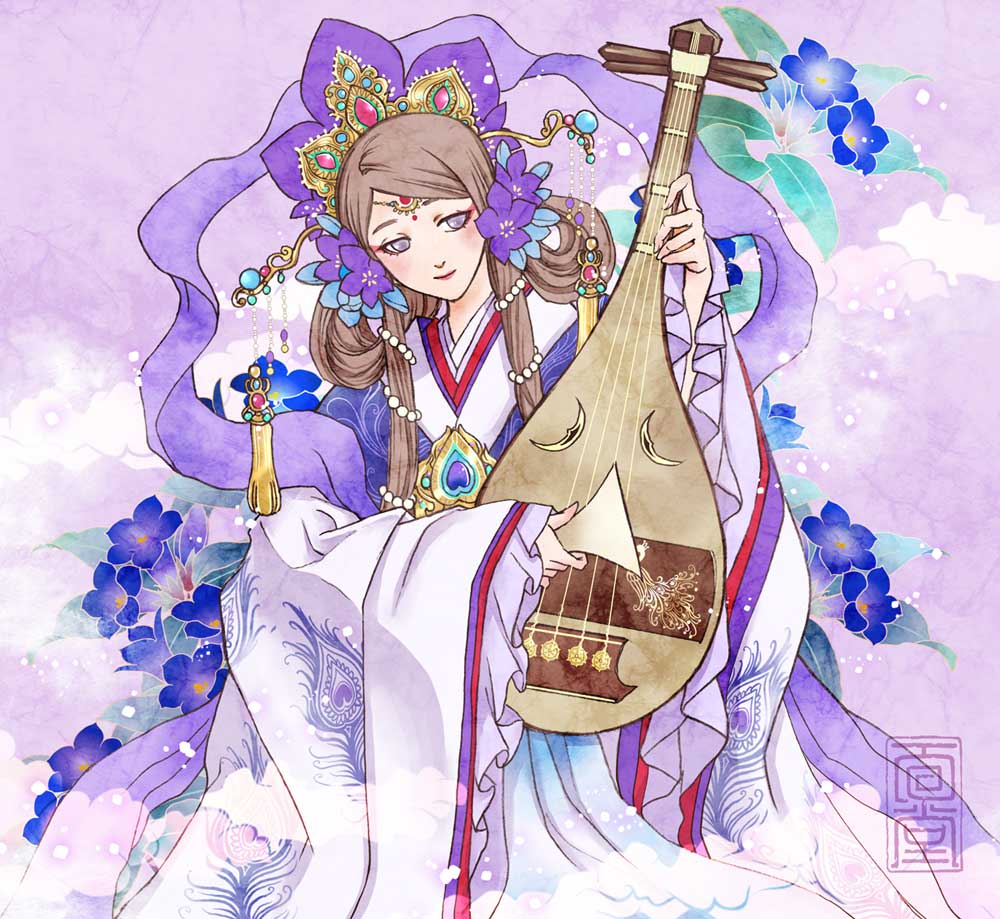 1girl blue_flower brown_hair circlet closed_mouth flower hagoromo hair_flower hair_ornament hand_up head_tilt holding holding_instrument instrument instrument_request kazuki-mendou long_hair long_sleeves music original playing_instrument purple_flower purple_theme shawl smile solo traditional_clothes violet_eyes wide_sleeves