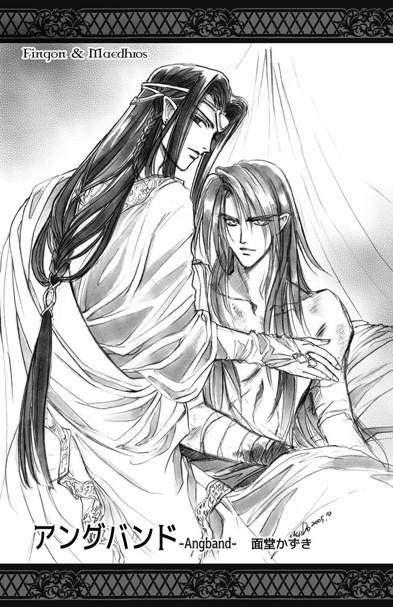 2boys bandaged_arm bandages bruise circlet closed_mouth commentary english_commentary fingon from_behind greyscale highres injury kazuki-mendou long_hair looking_at_viewer looking_back low-tied_long_hair maedhros male_focus monochrome multiple_boys pointy_ears silmarillion very_long_hair